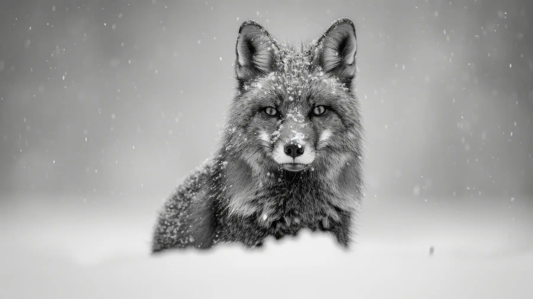 Renard dans la neige, photographié en noir et blanc